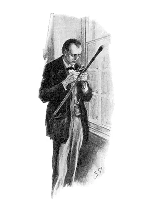 Gravure : un détective examine un objet à la loupe, près d’une fenêtre.